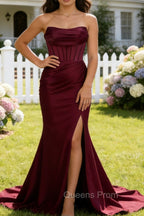 Burgundy Mermaid Strapless Pleated Corset Long Prom Dress with Slit