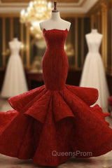 Burgundy Mermaid Strapless Sequins Backless Wedding Dress