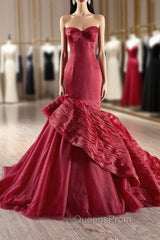 Burgundy Mermaid Strapless Tiers Evening Prom Dress