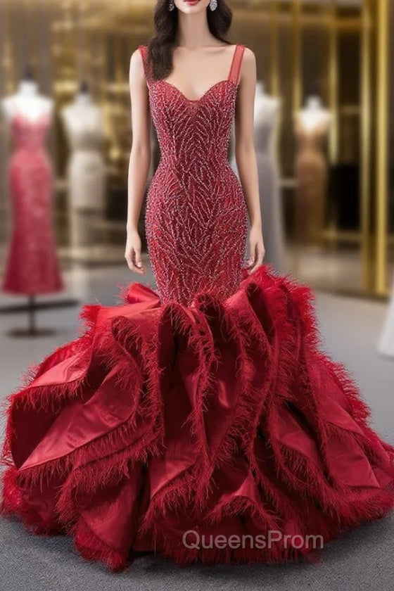 Burgundy Mermaid Straps Beading Feather Evening Prom Dress