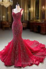 Burgundy Mermaid Straps Beading Evening Prom Dress