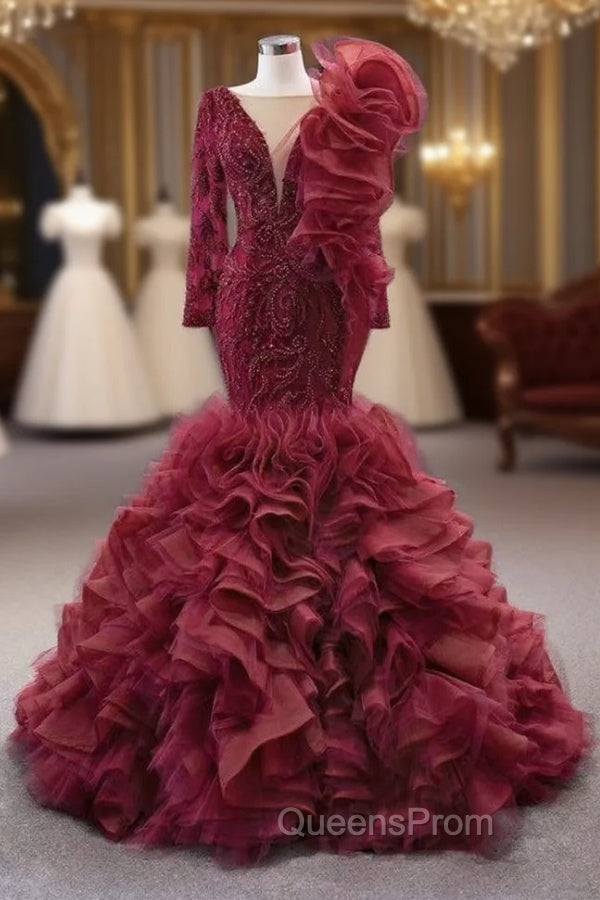 Burgundy Mermaid Tulle Beading Evening Prom Dress