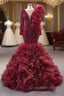 Burgundy Mermaid Tulle Beading Evening Prom Dress
