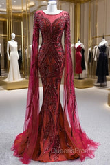 Burgundy Mermaid Tulle Sequins Long Sleeve Evening Prom Dress