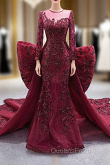 Burgundy Mermaid Tulle Sequins Evening Prom Dress With Detachable Train