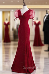 Burgundy Mermaid V-neck Puff Sleeve Evening Prom Dress