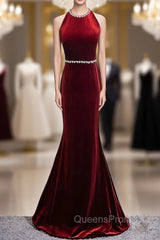 Burgundy Mermaid Velvet Backless Evening Prom Dress