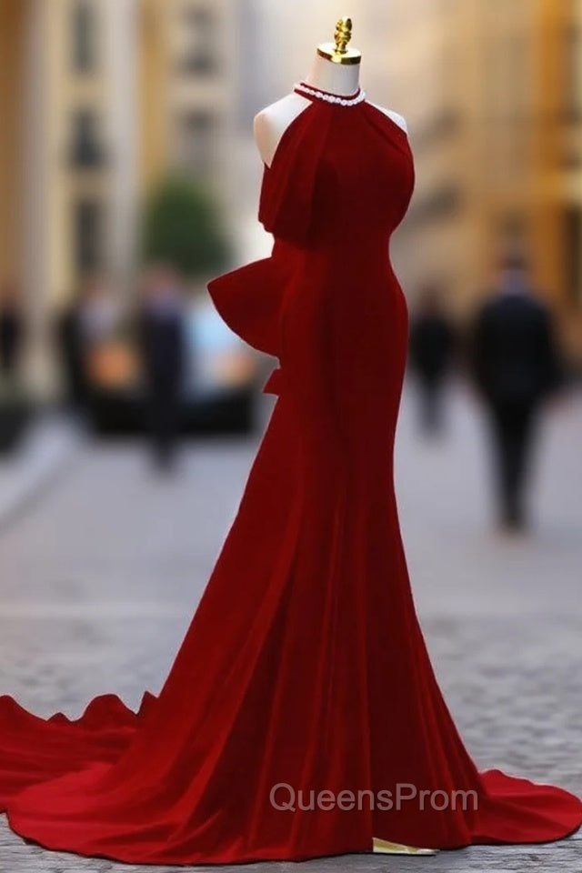 Burgundy Mermaid Velvet Halter Bow Evening Prom Dress Main image