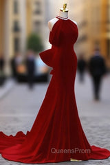 Burgundy Mermaid Velvet Halter Bow Evening Prom Dress