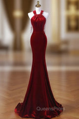 Burgundy Mermaid Velvet Halter Pearls Evening Prom Dress