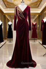 Burgundy Mermaid Velvet Long Sleeve Beading Evening Prom Dress