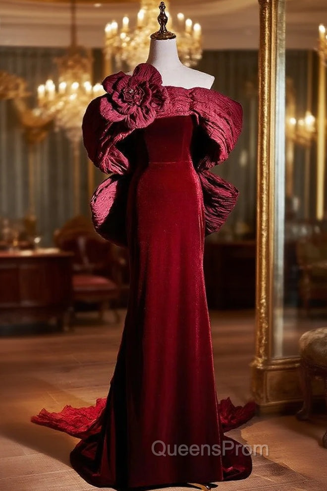Burgundy Mermaid Velvet Off the Shoulder Flower Evening Prom Dress