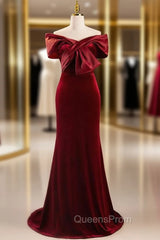 Burgundy Mermaid Velvet Off the Shoulder Pleats Evening Prom Dress