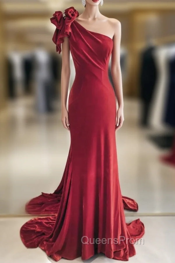 Burgundy Mermaid Velvet One Shoulder Beading Evening Prom Dress