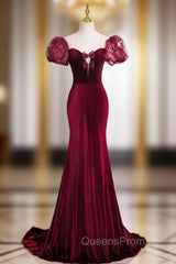 Burgundy Mermaid Velvet Puff Sleeve Evening Prom Dress
