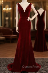 Burgundy Mermaid Velvet See Through V-neck Evening Prom Dress