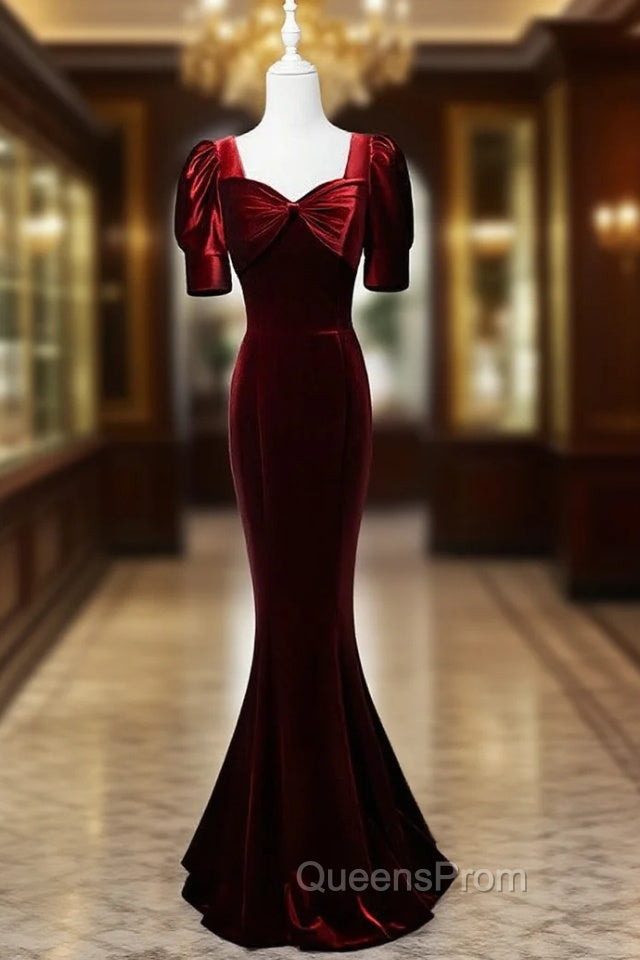 Burgundy Mermaid Velvet Short Sleeve Bow Evening Prom Dress Main image
