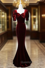Burgundy Mermaid Velvet Short Sleeve Bow Evening Prom Dress