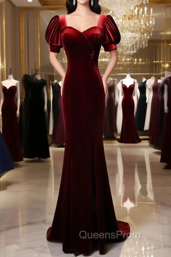 Burgundy Mermaid Velvet Short Sleeve Evening Prom Dress Main image