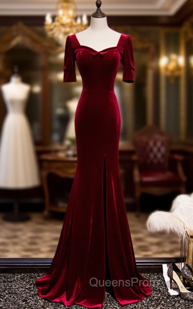 Burgundy Mermaid Velvet Short Sleeve Evening Prom Dresss Main image