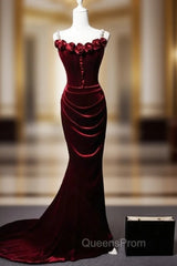 Burgundy Mermaid Velvet Straps Flwoer Evening Prom Dress