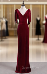 Burgundy Mermaid Velvet V-neck Evening Prom Dress