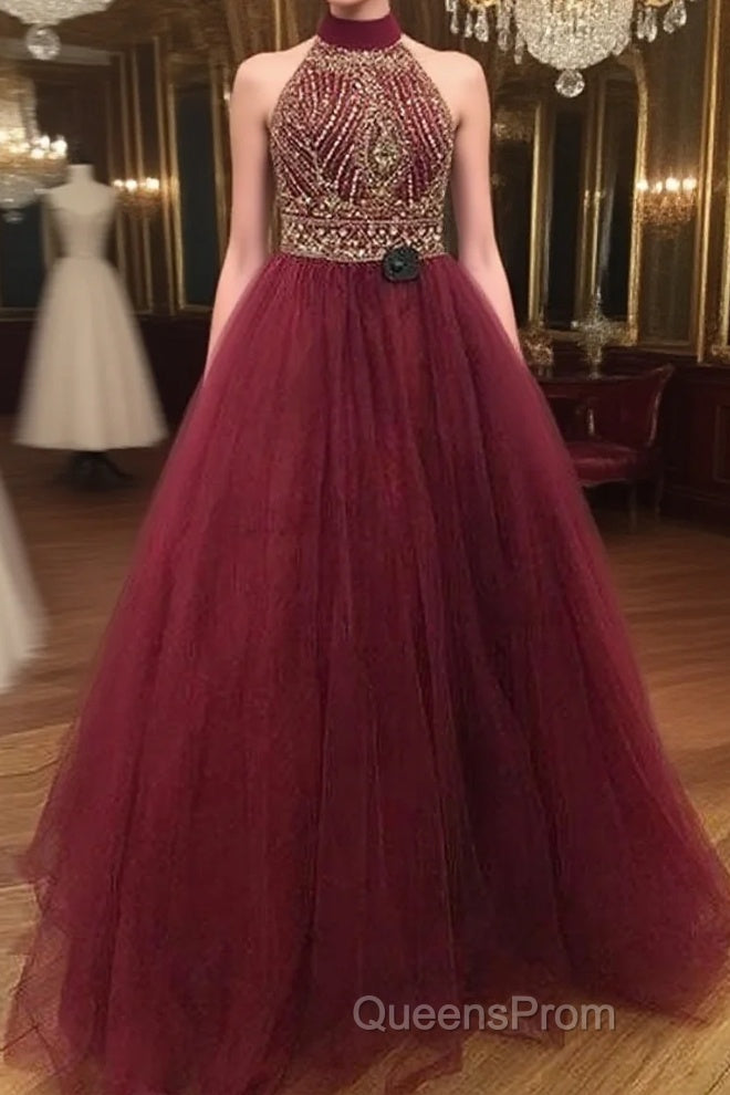Burgundy O Neck Sequin Beads Tulle Evening Prom Dress, Burgundy Evening Dress Main image