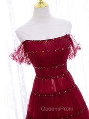 Burgundy Off Shoulder Long Evening Prom Dress, Burgundy Evening Dress with Beading Sequin