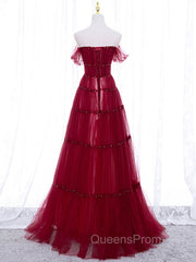 Burgundy Off Shoulder Long Evening Prom Dress, Burgundy Evening Dress with Beading Sequin