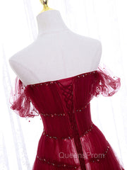 Burgundy Off Shoulder Long Evening Prom Dress, Burgundy Evening Dress with Beading Sequin