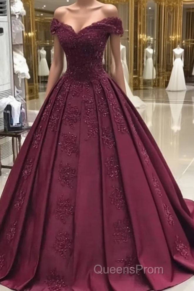 Burgundy off shoulder satin lace long Evening Prom Dress, burgundy evening Dress Main image
