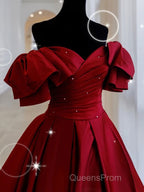 Burgundy off shoulder satin long Evening Prom Dress, burgundy evening Dress