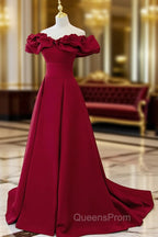 Burgundy Off Shoulder Satin Long Evening Prom Dress, Burgundy Evening Dress
