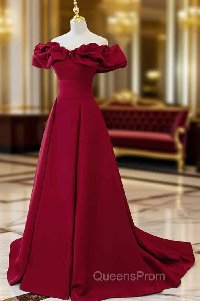 Burgundy Off Shoulder Satin Long Evening Prom Dress, Burgundy Evening Dress