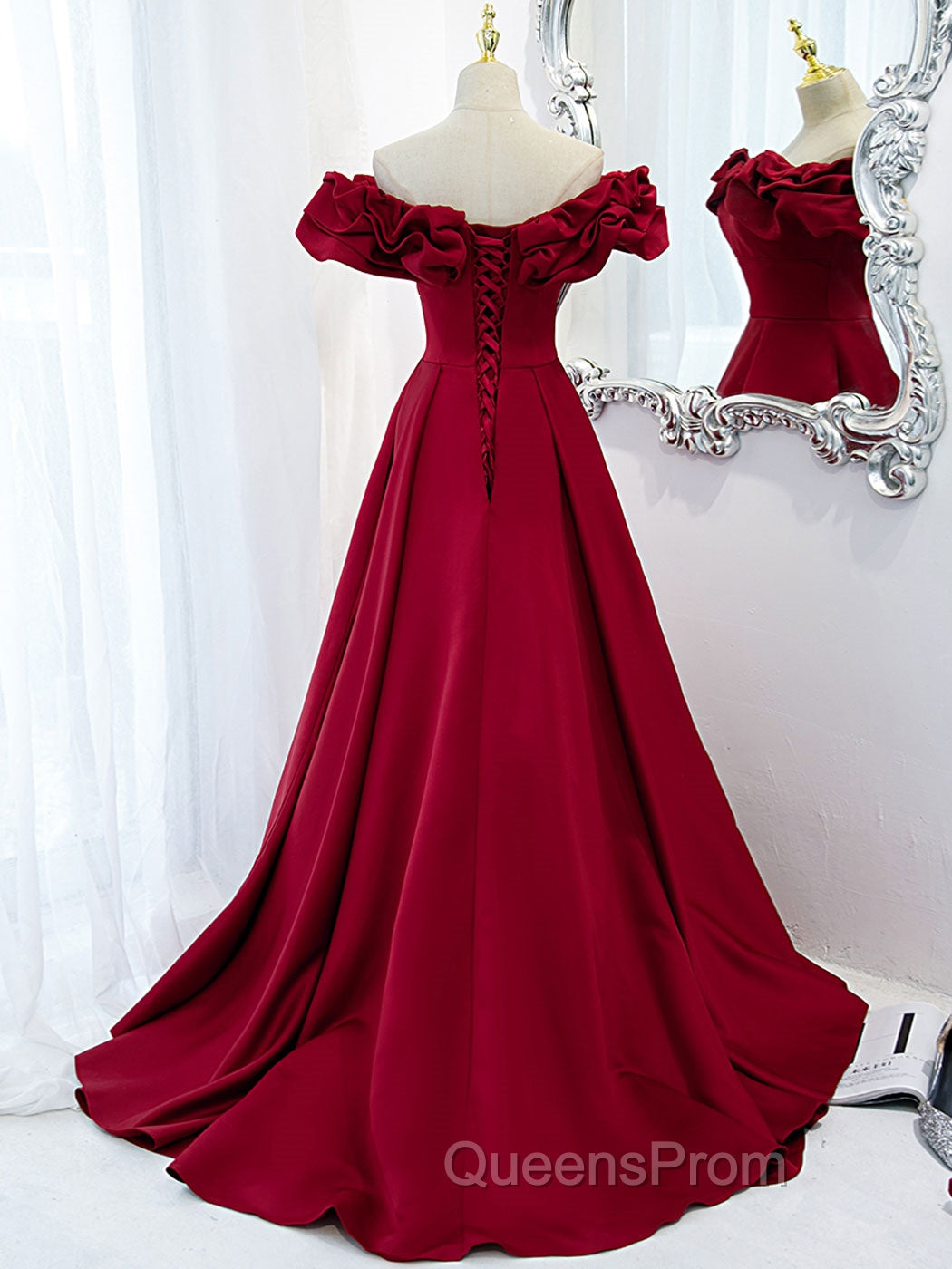 Burgundy Off Shoulder Satin Long Evening Prom Dress, Burgundy Evening Dress