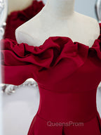 Burgundy Off Shoulder Satin Long Evening Prom Dress, Burgundy Evening Dress