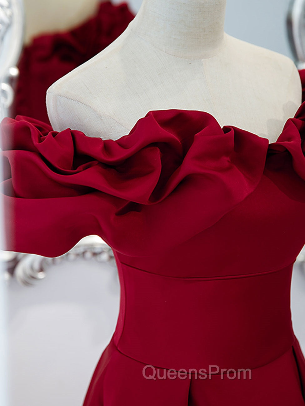 Burgundy Off Shoulder Satin Long Evening Prom Dress, Burgundy Evening Dress