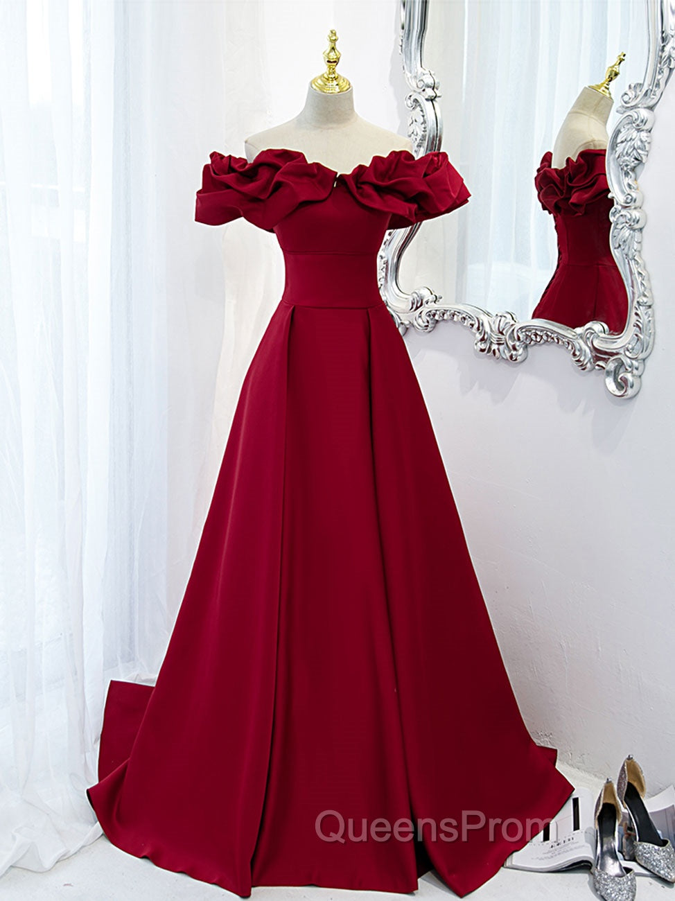 Burgundy Off Shoulder Satin Long Evening Prom Dress, Burgundy Evening Dress