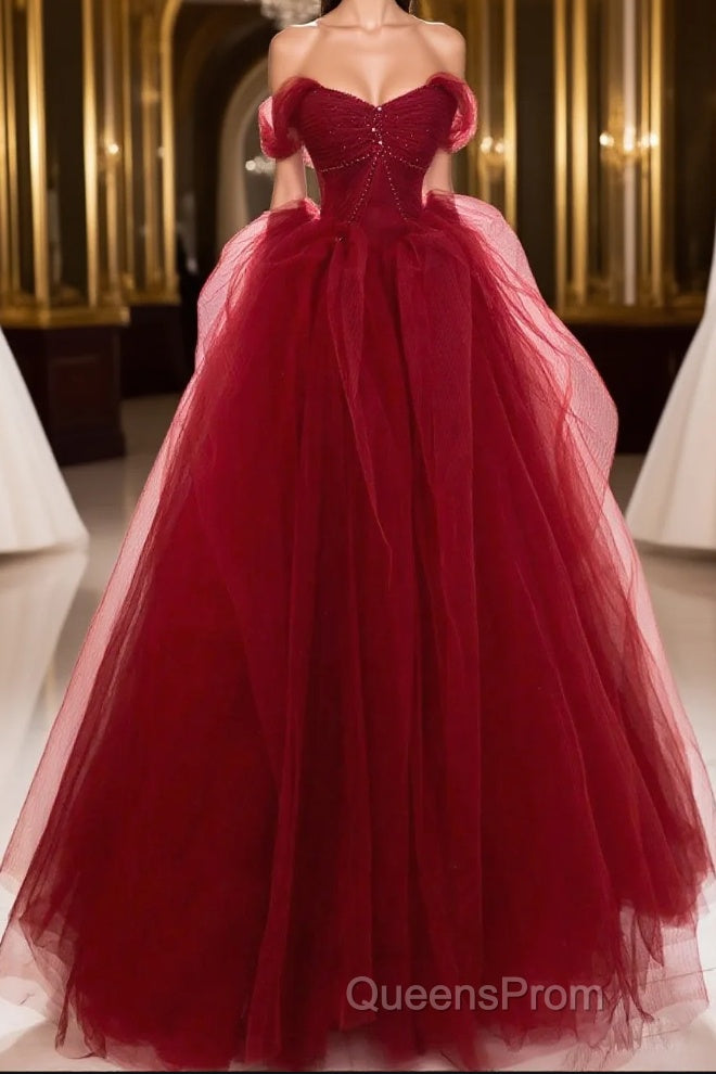 Burgundy off shoulder tulle lace long Evening Prom Dress burgundy formal Dress Main image