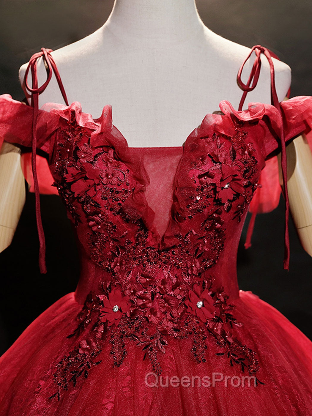 Burgundy Off Shoulder Tulle Lace Long Evening Prom Dress, Burgundy Lace Sweet 16 Dress Secondary image