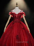 Burgundy Off Shoulder Tulle Lace Long Evening Prom Dress, Burgundy Lace Sweet 16 Dress