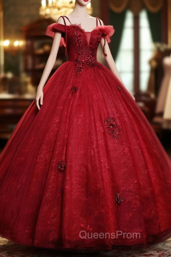 Burgundy Off Shoulder Tulle Lace Long Evening Prom Dress, Burgundy Lace Sweet 16 Dress