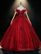 Burgundy Off Shoulder Tulle Lace Long Evening Prom Dress, Burgundy Lace Sweet 16 Dress