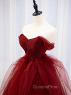 Burgundy Off Shoulder Tulle Lace Long Evening Prom Dress, Burgundy Evening Graduation Dress