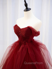 Burgundy Off Shoulder Tulle Lace Long Evening Prom Dress, Burgundy Evening Graduation Dress