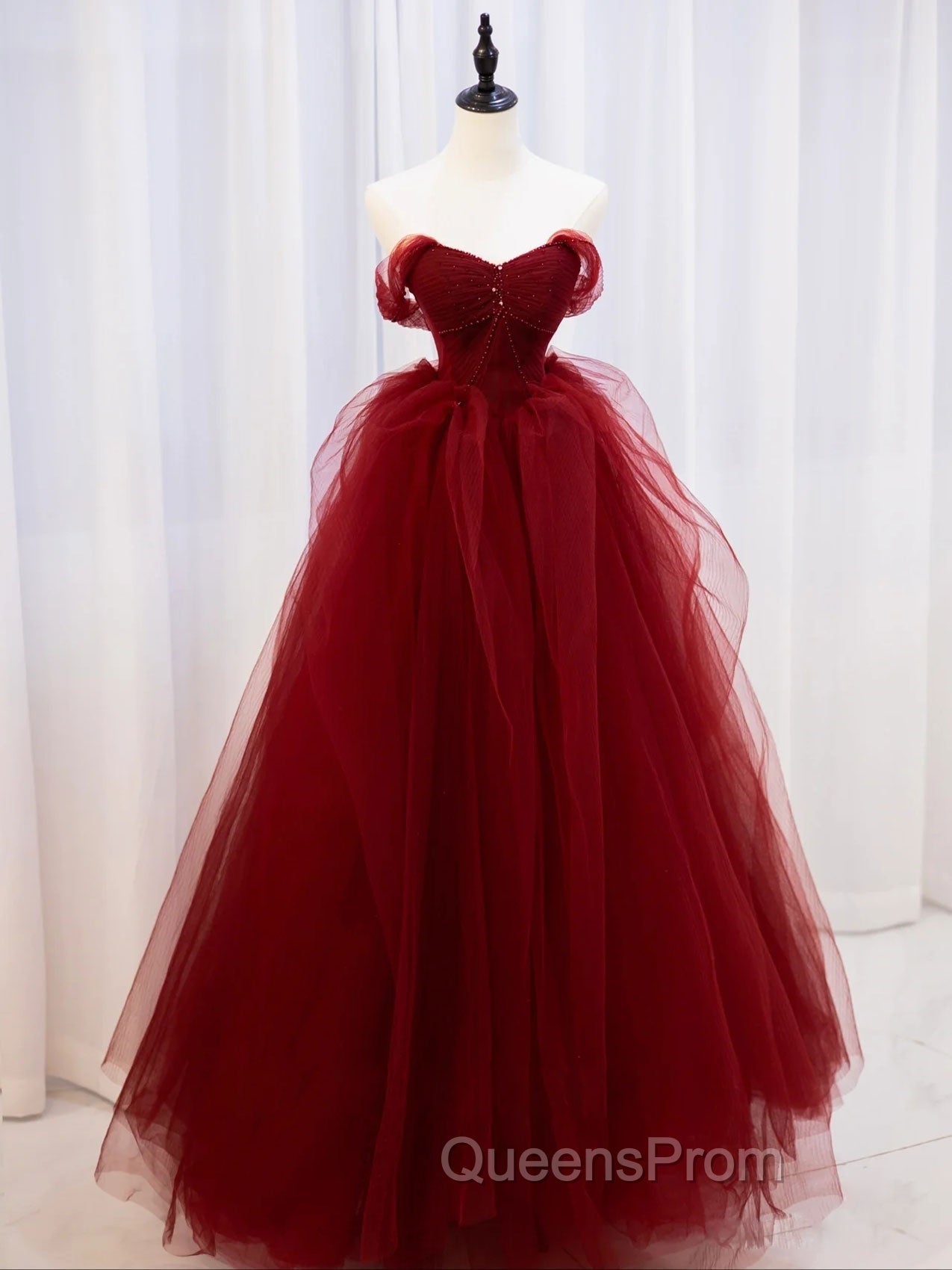 Burgundy Off Shoulder Tulle Lace Long Evening Prom Dress, Burgundy Evening Graduation Dress Main image