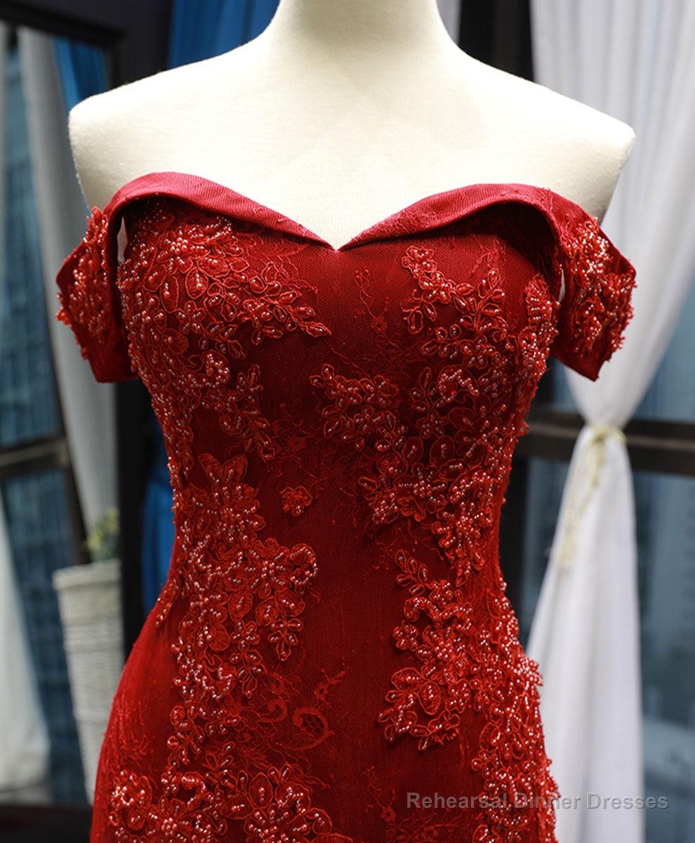 Burgundy Off Shoulder Tulle Lace Mermaid Long Prom Dress, Burgundy Evening Dress Secondary image