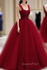 Burgundy Off Shoulder Tulle Long Evening Prom Dress, Burgundy Evening Dress