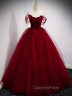 Burgundy Off Shoulder Tulle Long Evening Prom Dress, Burgundy Evening Dress