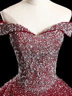 Burgundy Off Shoulder Tulle Sequin Long Evening Prom Dress, Burgundy Sweet 16 Dress